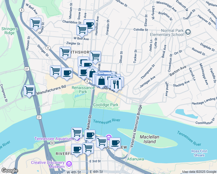 map of restaurants, bars, coffee shops, grocery stores, and more near 120 Forest Avenue in Chattanooga