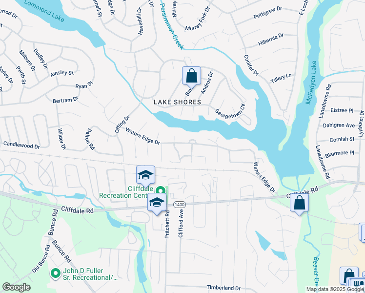 map of restaurants, bars, coffee shops, grocery stores, and more near 5831 Waters Edge Drive in Fayetteville