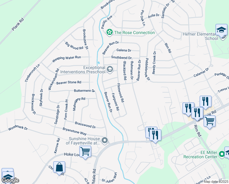 map of restaurants, bars, coffee shops, grocery stores, and more near 7453 Fairpoint Road in Fayetteville