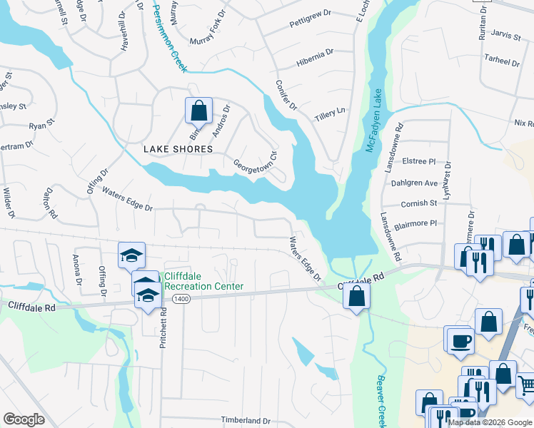 map of restaurants, bars, coffee shops, grocery stores, and more near 5740 Waters Edge Drive in Fayetteville