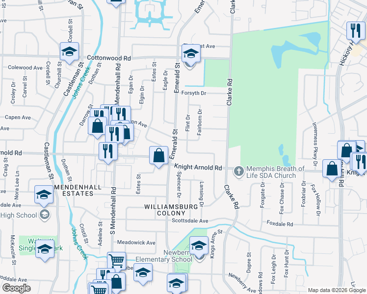map of restaurants, bars, coffee shops, grocery stores, and more near 3153 Flint Drive in Memphis