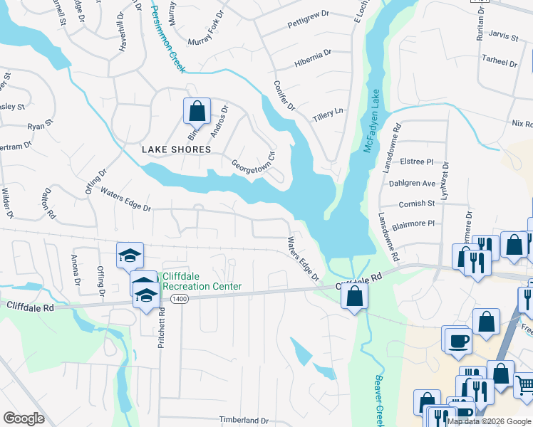 map of restaurants, bars, coffee shops, grocery stores, and more near 5740 Waters Edge Drive in Fayetteville