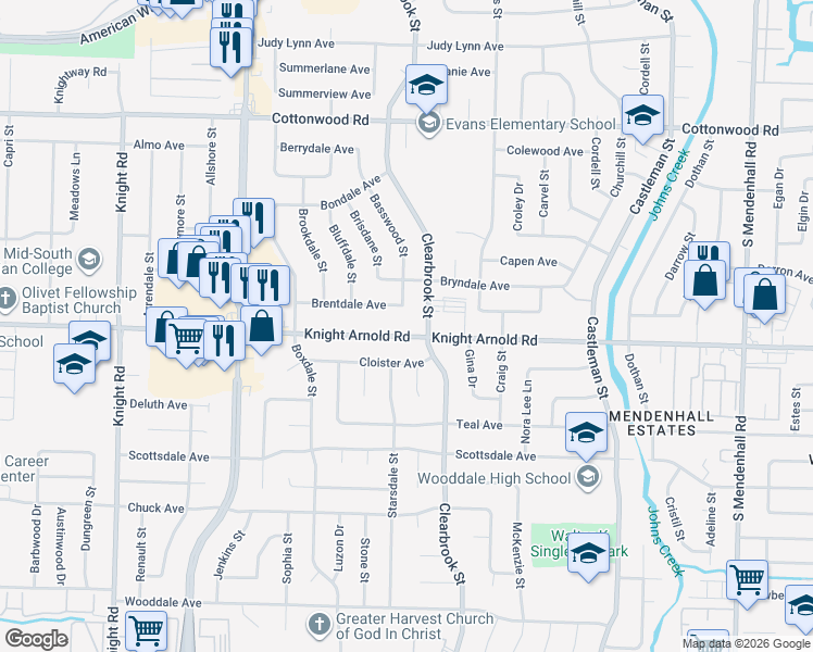 map of restaurants, bars, coffee shops, grocery stores, and more near 4918 Knight Arnold Road in Memphis