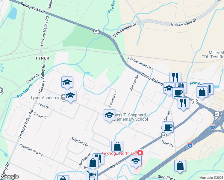 map of restaurants, bars, coffee shops, grocery stores, and more near 2860 Firethorne Lane in Chattanooga