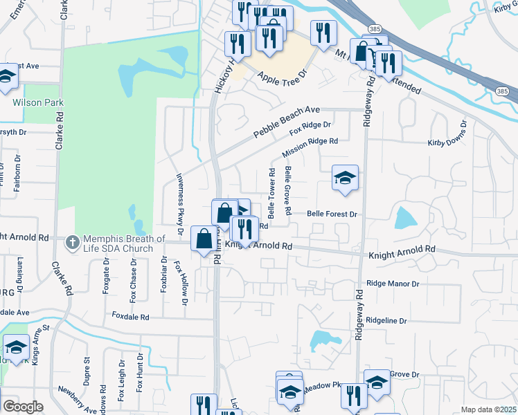 map of restaurants, bars, coffee shops, grocery stores, and more near 5983 Ponderosa Pine Trail in Memphis