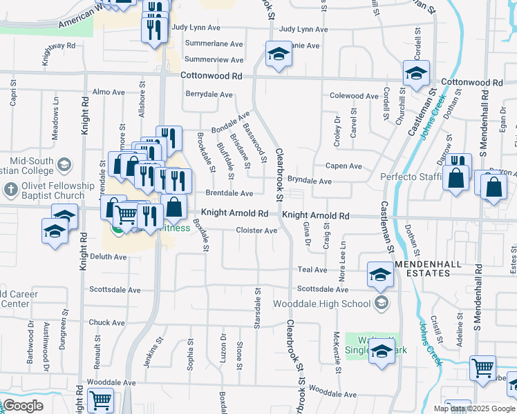 map of restaurants, bars, coffee shops, grocery stores, and more near 4918 Knight Arnold Road in Memphis