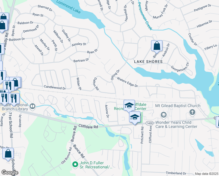 map of restaurants, bars, coffee shops, grocery stores, and more near 495 Corning Place in Fayetteville