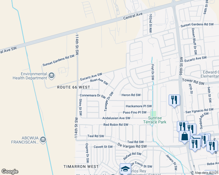 map of restaurants, bars, coffee shops, grocery stores, and more near 700 Thoroughbred Drive Southwest in Albuquerque