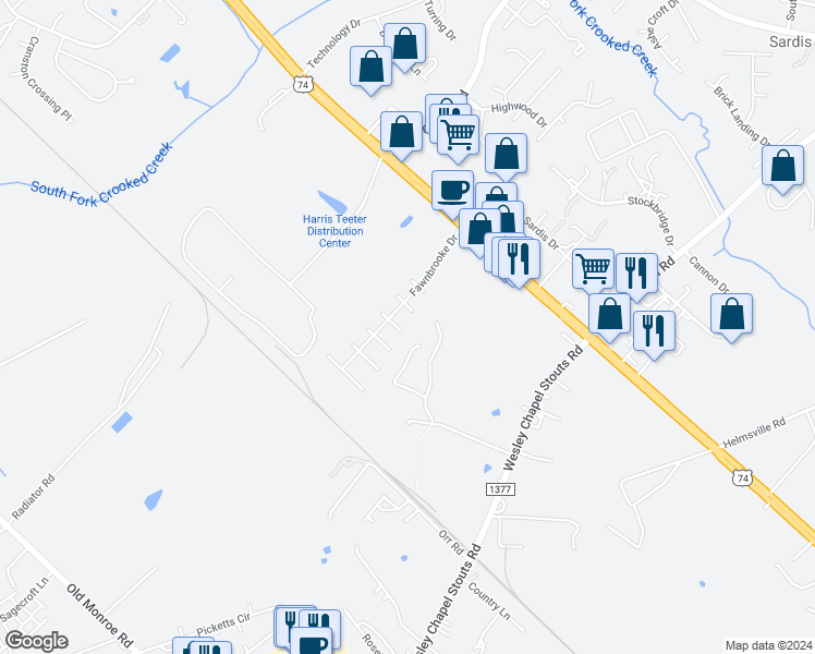 map of restaurants, bars, coffee shops, grocery stores, and more near 5804 Carolina Manor Court in Indian Trail