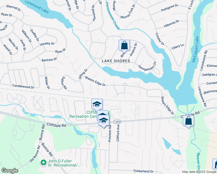 map of restaurants, bars, coffee shops, grocery stores, and more near 5837 Waters Edge Drive in Fayetteville