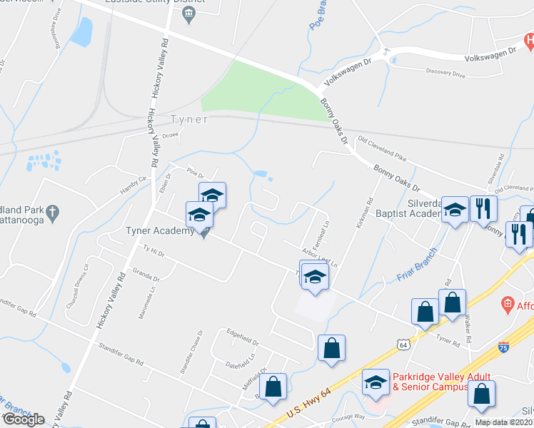map of restaurants, bars, coffee shops, grocery stores, and more near 7134 Tyner Crossing Drive in Chattanooga