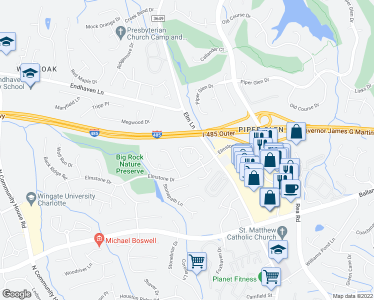 map of restaurants, bars, coffee shops, grocery stores, and more near 6308 Rosebriar Lane in Charlotte