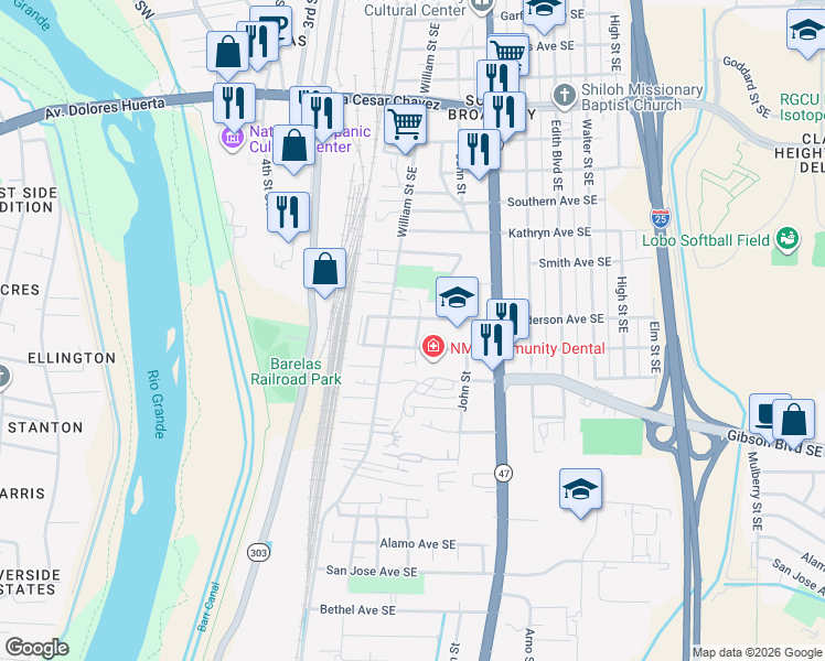 map of restaurants, bars, coffee shops, grocery stores, and more near 2011 Hinkle Street Southeast in Albuquerque