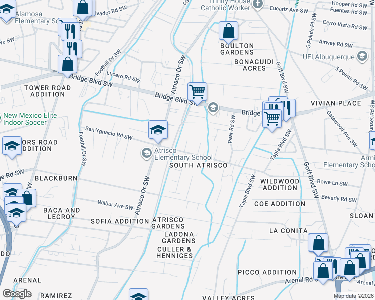 map of restaurants, bars, coffee shops, grocery stores, and more near 1132 Presidio Place Southwest in Albuquerque