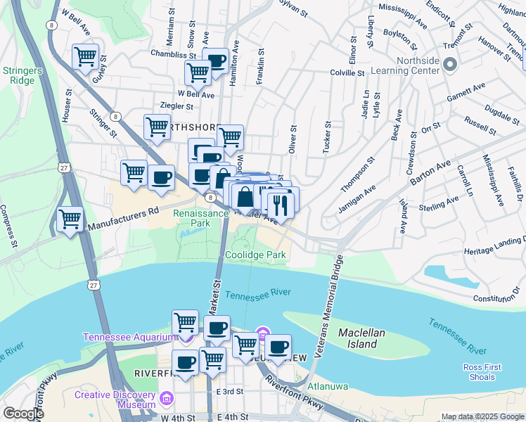 map of restaurants, bars, coffee shops, grocery stores, and more near 120 Forest Avenue in Chattanooga
