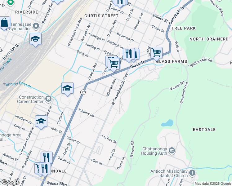 map of restaurants, bars, coffee shops, grocery stores, and more near 2215 North Chamberlain Avenue in Chattanooga