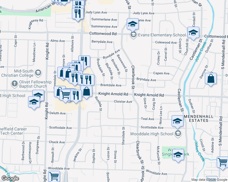 map of restaurants, bars, coffee shops, grocery stores, and more near 4876 Knight Arnold Road in Memphis