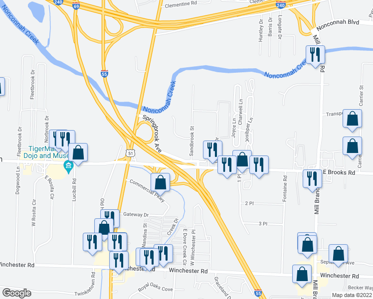 map of restaurants, bars, coffee shops, grocery stores, and more near 1360 Springbrook Avenue in Memphis