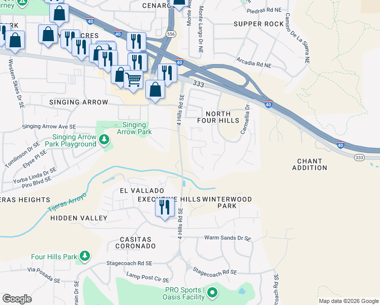 map of restaurants, bars, coffee shops, grocery stores, and more near 430 Pinon Creek Road Southeast in Albuquerque