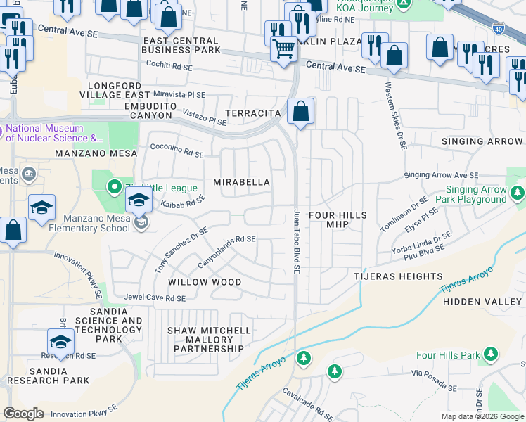 map of restaurants, bars, coffee shops, grocery stores, and more near 11504 Singing Arrow Avenue Southeast in Albuquerque