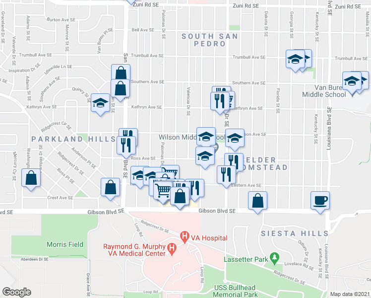 map of restaurants, bars, coffee shops, grocery stores, and more near 1025 Valencia Drive Southeast in Albuquerque