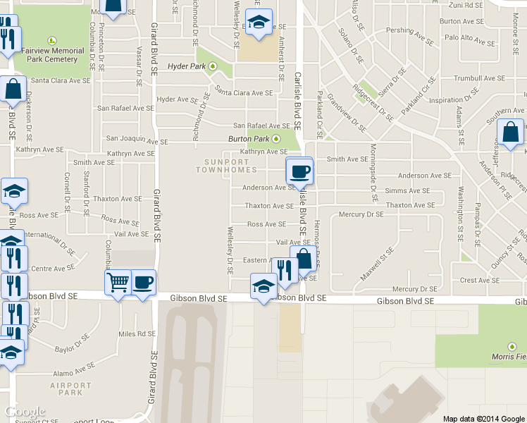 map of restaurants, bars, coffee shops, grocery stores, and more near 3502 Thaxton Avenue Southeast in Albuquerque