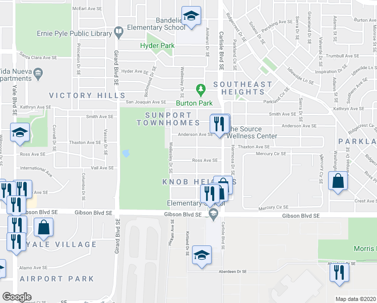 map of restaurants, bars, coffee shops, grocery stores, and more near 3502 Thaxton Avenue Southeast in Albuquerque