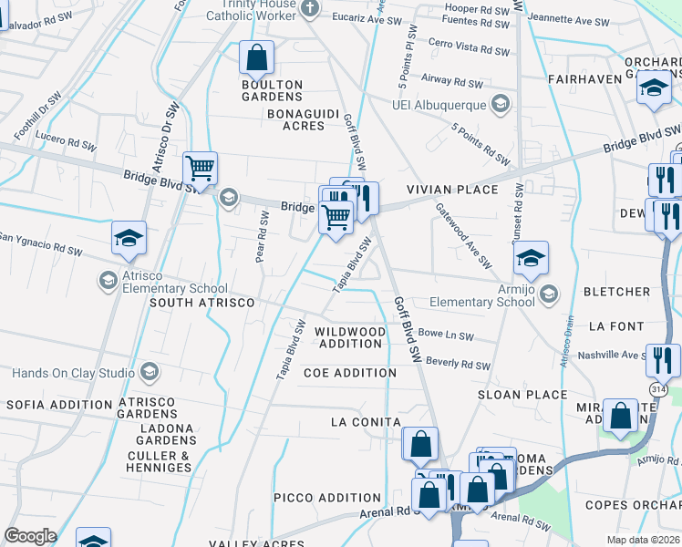 map of restaurants, bars, coffee shops, grocery stores, and more near 1910 Tapia Place Southwest in Albuquerque