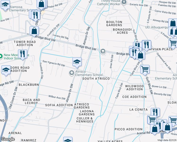 map of restaurants, bars, coffee shops, grocery stores, and more near 1132 Presidio Place Southwest in Albuquerque
