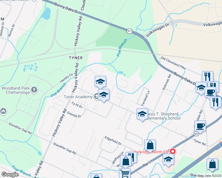 map of restaurants, bars, coffee shops, grocery stores, and more near 7117 Tyner Crossing Drive in Chattanooga