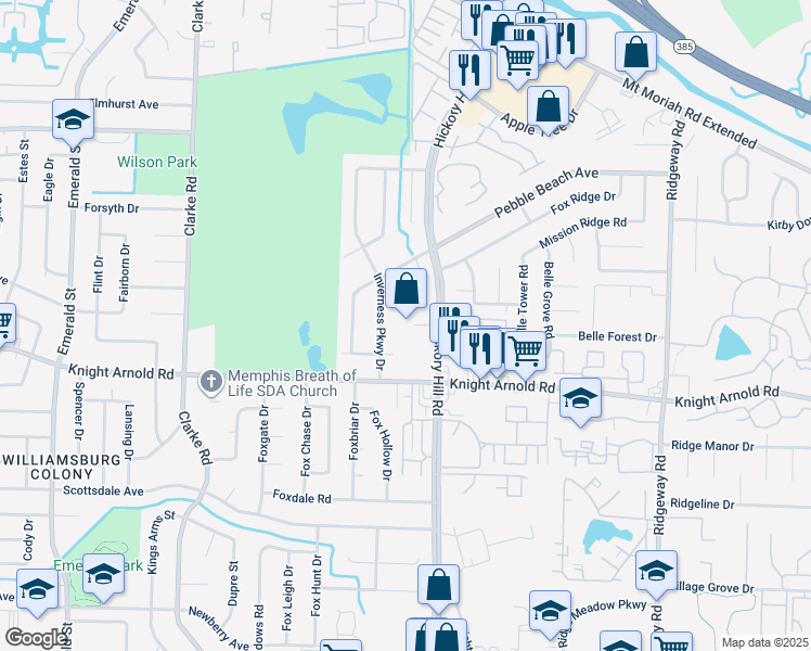 map of restaurants, bars, coffee shops, grocery stores, and more near 3156 Inverness Parkway Drive in Memphis