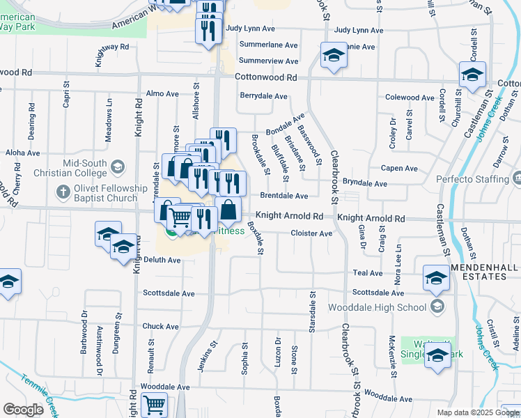 map of restaurants, bars, coffee shops, grocery stores, and more near 4828 Knight Arnold Road in Memphis
