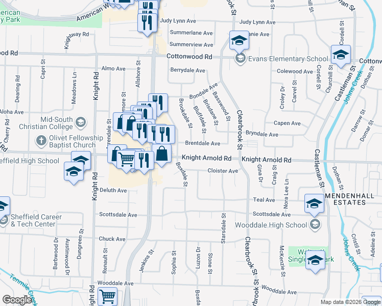 map of restaurants, bars, coffee shops, grocery stores, and more near 4844 Knight Arnold Road in Memphis