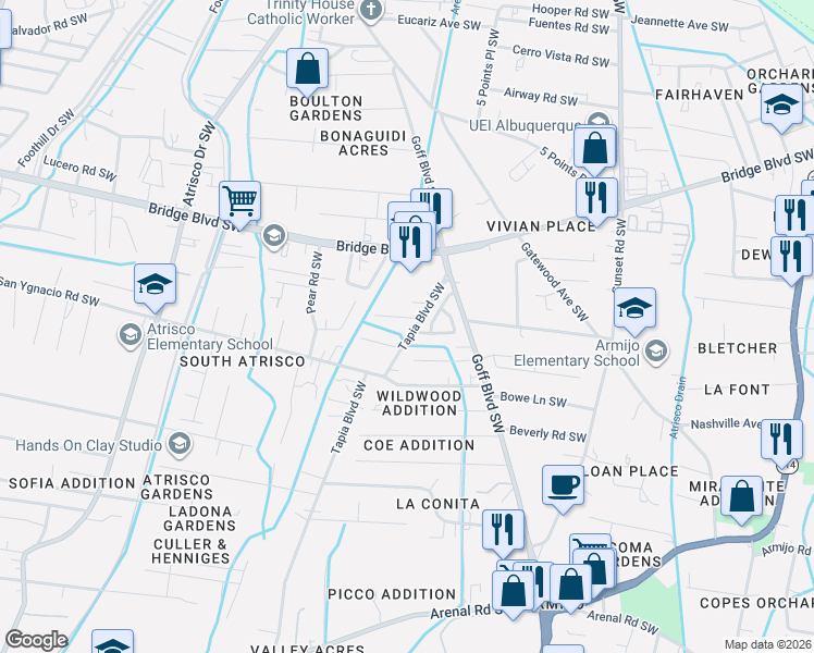 map of restaurants, bars, coffee shops, grocery stores, and more near 1910 Tapia Place Southwest in Albuquerque