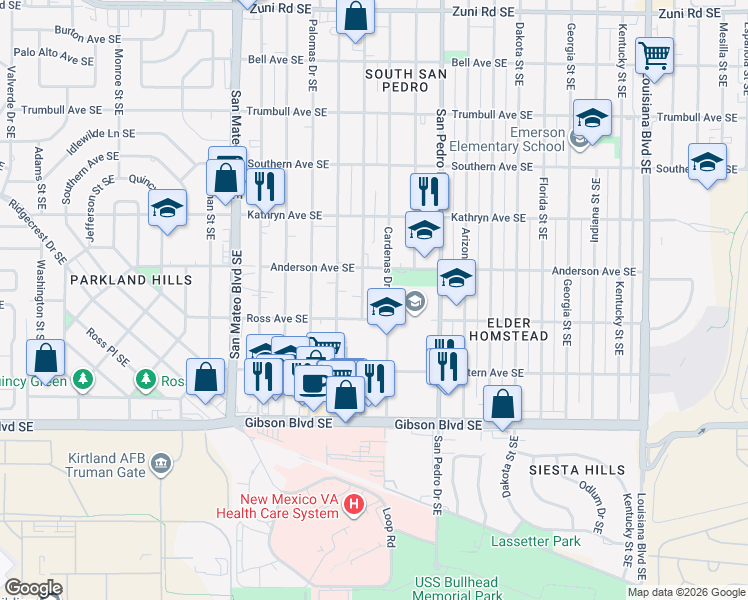 map of restaurants, bars, coffee shops, grocery stores, and more near 1025 Valencia Drive Southeast in Albuquerque