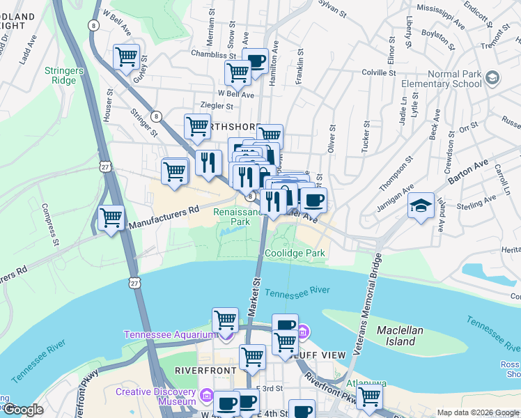 map of restaurants, bars, coffee shops, grocery stores, and more near 4 Cherokee Boulevard in Chattanooga