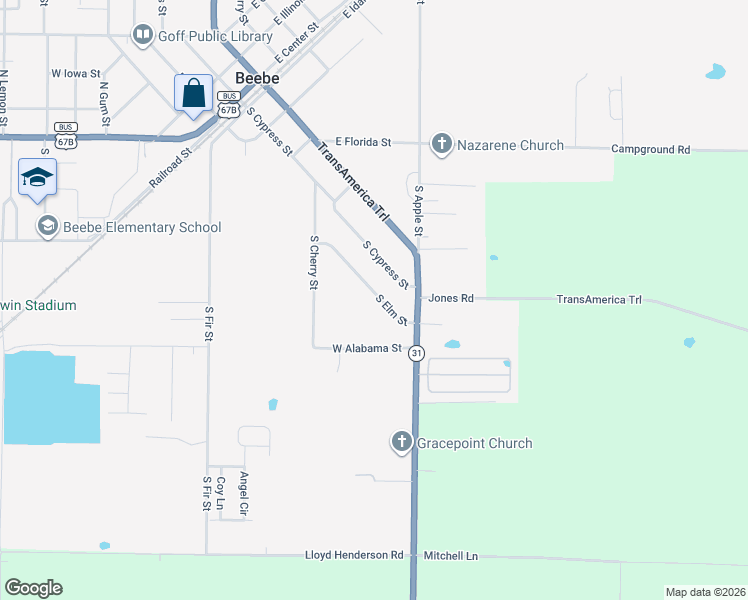 map of restaurants, bars, coffee shops, grocery stores, and more near 622 South Elm Street in Beebe