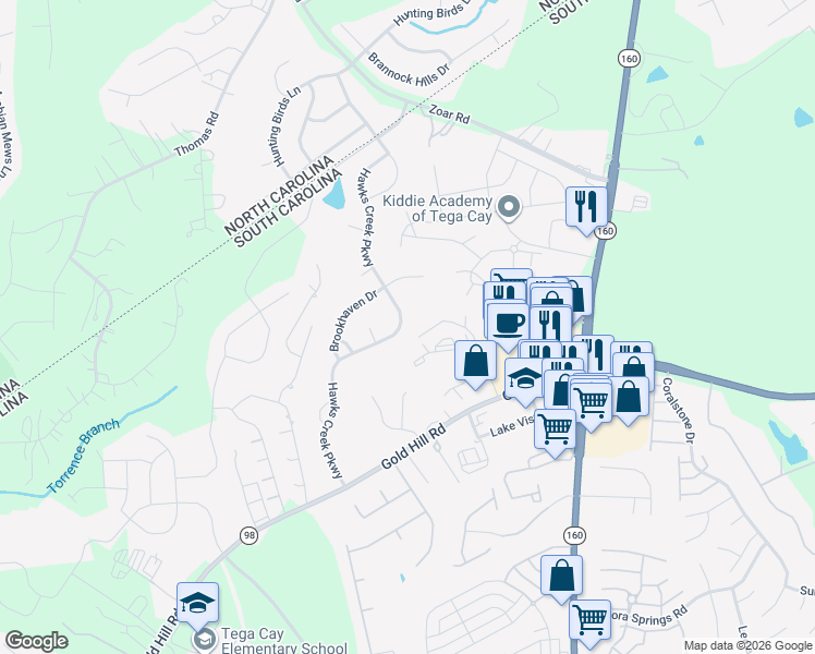 map of restaurants, bars, coffee shops, grocery stores, and more near 308 Hawks Creek Parkway in Fort Mill