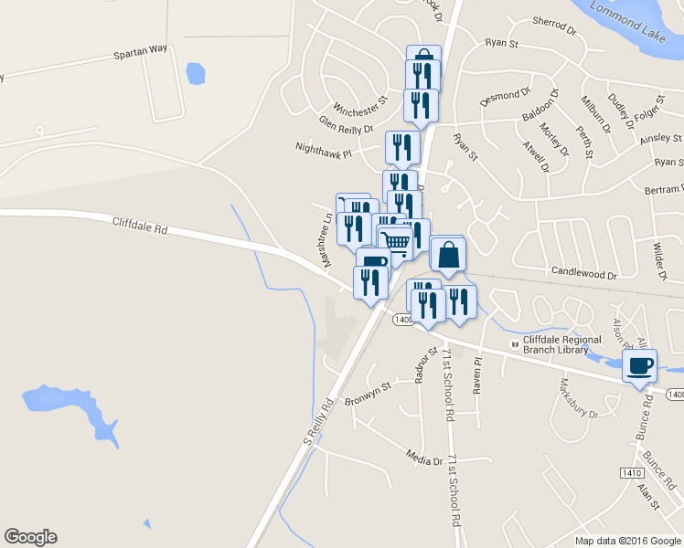 map of restaurants, bars, coffee shops, grocery stores, and more near 7124 Cliffdale Road in Fayetteville