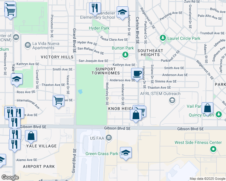 map of restaurants, bars, coffee shops, grocery stores, and more near 3410 Thaxton Avenue Southeast in Albuquerque