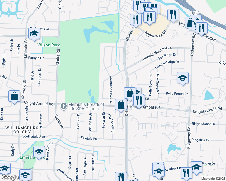 map of restaurants, bars, coffee shops, grocery stores, and more near 3156 Inverness Parkway Drive in Memphis