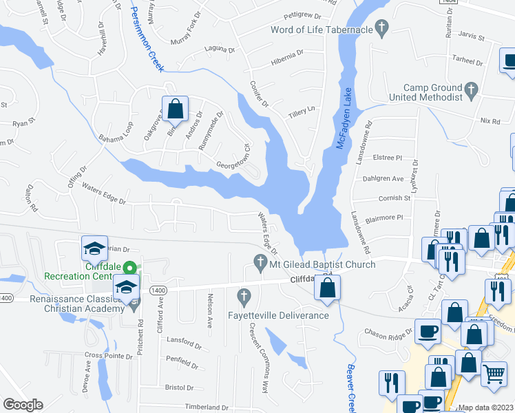 map of restaurants, bars, coffee shops, grocery stores, and more near 5724 Waters Edge Drive in Fayetteville