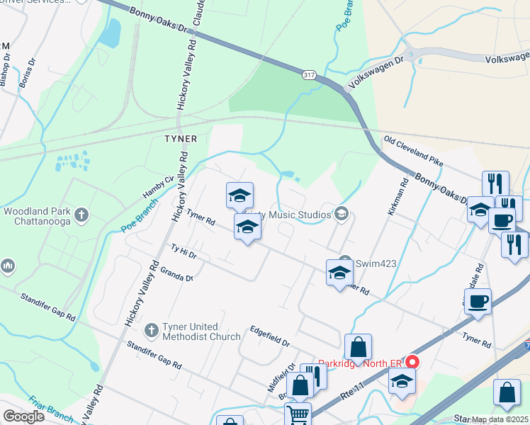 map of restaurants, bars, coffee shops, grocery stores, and more near 7117 Tyner Crossing Drive in Chattanooga