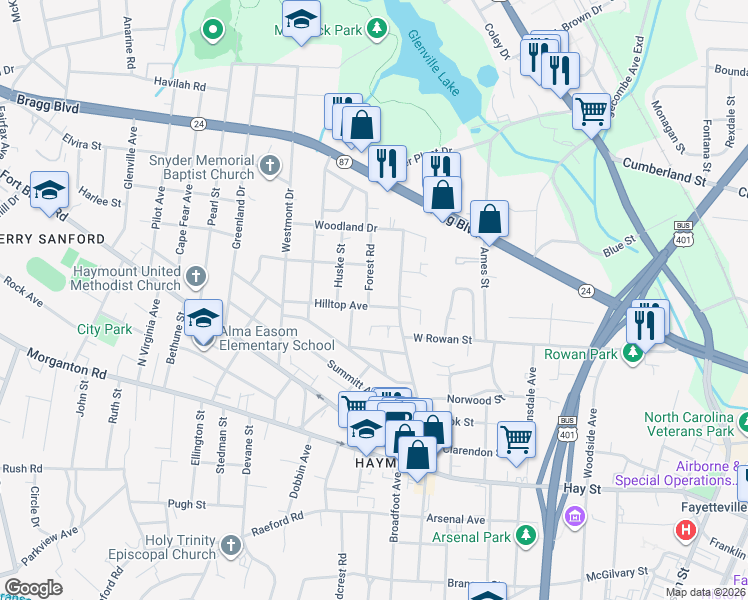map of restaurants, bars, coffee shops, grocery stores, and more near 500 Forest Road in Fayetteville