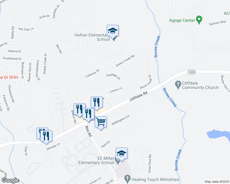map of restaurants, bars, coffee shops, grocery stores, and more near 7017 Trevor Lane in Fayetteville