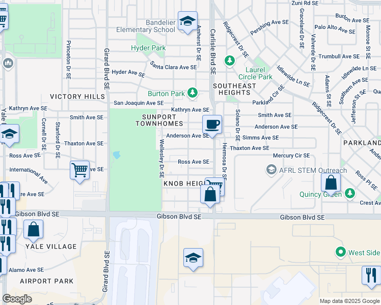 map of restaurants, bars, coffee shops, grocery stores, and more near 3502 Thaxton Avenue Southeast in Albuquerque