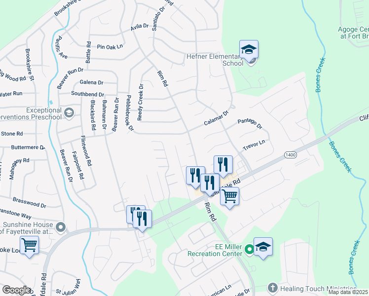 map of restaurants, bars, coffee shops, grocery stores, and more near 7205 Mill Pond Court in Fayetteville