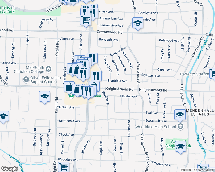 map of restaurants, bars, coffee shops, grocery stores, and more near 4828 Knight Arnold Road in Memphis