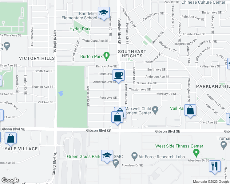 map of restaurants, bars, coffee shops, grocery stores, and more near 3526 Thaxton Avenue Southeast in Albuquerque