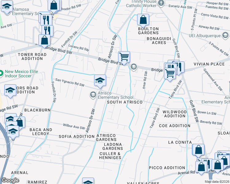 map of restaurants, bars, coffee shops, grocery stores, and more near 1132 Presidio Place Southwest in Albuquerque
